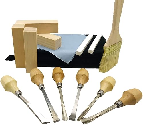 Fycooler Ensemble d'outils de sculpture sur bois Kit d'outils de sculpture 20pcs avec Burins à découper, blocs en tilleul pour le cadeau de travail du bois de sculpture de bricolage - Nail Gallerys