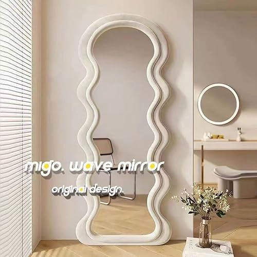 Miroir de Sol ondulé, Miroir de Sol arqué ondulé, Miroir avec Cadre en Bois enveloppé de Flanelle, pour couloirs, Portes, Salons, Chambres à Coucher, dressings, Vert, 170 x 70 cm - Nail Gallerys