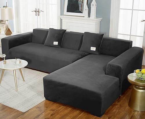 JHLD Housse De Canapé d'Angle Elastique en Velours - Doux Antidérapant Couverture pour Canapé en L - D'Or - 3 Places+3 Places - Nail Gallerys