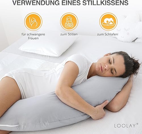 LOOLAY 170 et 190 cm - Classic blanc, gris, beige - Coussin de grossesse latéral - Variante M/L ou L/XL - Avec housse 100 % coton (100 % beige, 190 cm) - Nail Gallerys