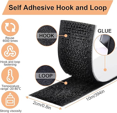 Scratch Autocollant Double Face 10M x 20mm, Bande Scratch Adhésive, Puissant Hook Loop Rubans Scratch pour Ménage, Bricolage Et l'artisanat, Moustiquaires, Tapis, Shearable, Noir - Nail Gallerys
