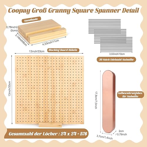 Coopay Granny Square Grand tendeur à crochet, 33 x 33 cm, avec 30 broches en acier inoxydable, pliable, en bambou, pour Granny Squares, projets de tricot et de crochet, 33 cm - Nail Gallerys