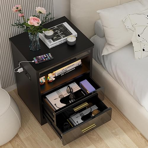 PIPIPOXER Lot de 2 tables de chevet avec prise et USB et verrouillables - Table de chevet LED avec 2 tiroirs - Éclairage LED pour salon - 45 x 40 x 67 cm - Noir - Nail Gallerys