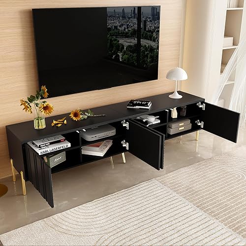 Winmores Meuble TV - 190 cm de long x 38 cm de large x 48 cm de haut - Pieds de table dorés - Design de porte rainurée (noir) - Nail Gallerys