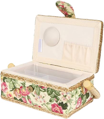 Tissu de ménage artisanat à la main panier à coudre fil aiguille boîte de rangement organisateur Kit de couture boîte de rangement avec plateau amovible(Garden rose) - Nail Gallerys