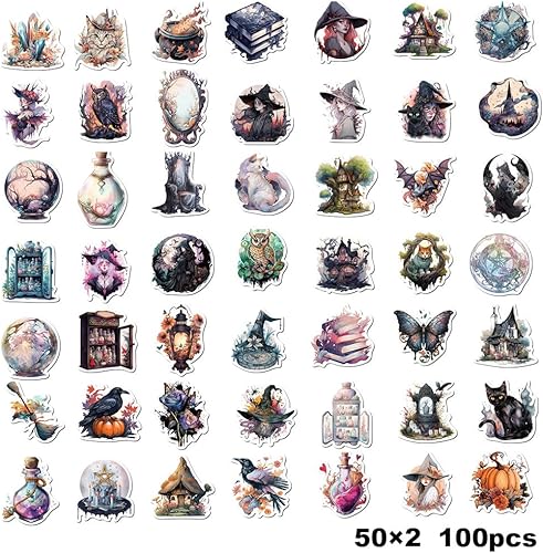 Autocollants de Sorcière 2 x 50 Pièces, Witch Sticker Set, Autocollants Vintage thème Sorcière Étanche, Forest Witch Sticker Set, Graffiti de Sorcière pour Ordinateur Skateboard Téléphone Valise - Nail Gallerys