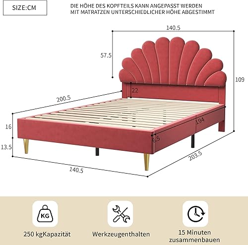 JYCRA Lit double capitonné 140 x 200 cm avec tête de lit en forme de fleur en forme de coquillage et sommier à lattes, tissu en velours, pour adolescent adulte, lit fille (beige) - Nail Gallerys