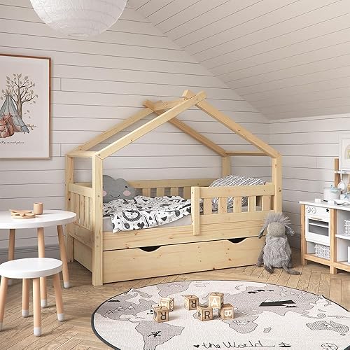 VitaliSpa lit cabane Design, Naturel Bois, 70x140 cm avec tiroir - Nail Gallerys