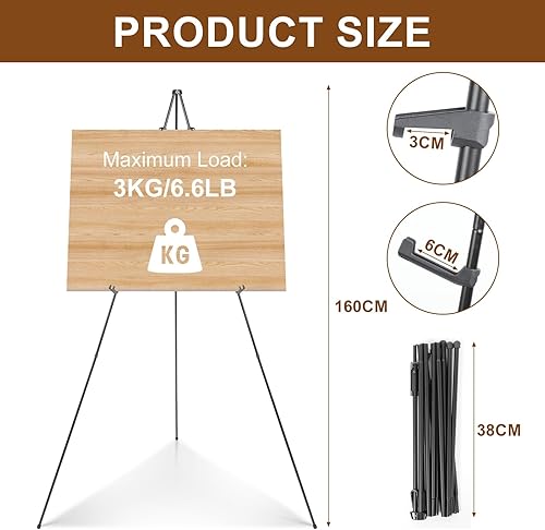 AiQInu Chevalet Peinture, Chevalet Mariage 160cm avec Sac de Transport, Support en Métal Réglable et Facile à Plier, pour Présentations, Affiches, Présentoirs d'art, Chevalet Mariage (Noir) - Nail Gallerys