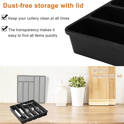 APOMOONS Range Couverts pour Tiroir avec Couvercle, Boîte de Rangement Couverts de Cuisine Organisateur de Couverts en Plastique 6 Compartiments pour Cuillères Fourchettes Couteaux Noir - Nail Gallerys