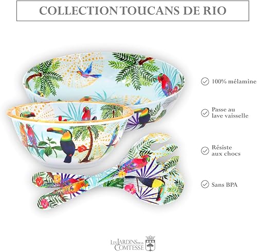 Les Jardins de la Comtesse - Saladier Profond en Mélamine Pure – Contour - Toucans de Rio – 3L / 25 cm – Multicolore - Service de Table de la Vaisselle Quasi-Incassable MelARTmine - Nail Gallerys