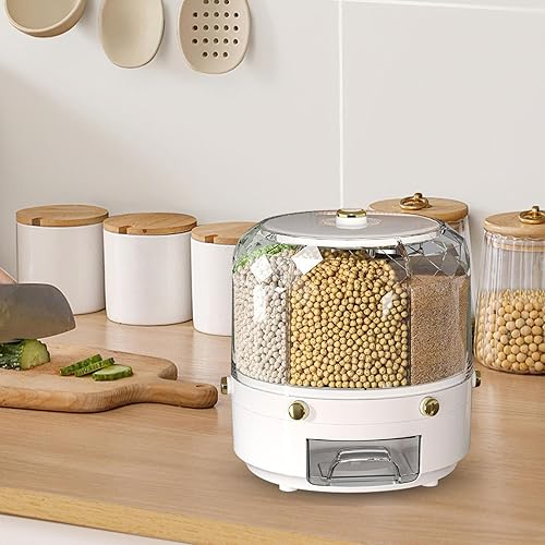 Whrcy Récipient à céréales, distributeur de riz rotatif,Grand récipient à haricots rond - Seau à riz rond à 6 grilles, distributeur rotatif de nourriture sèche pour Restaurant à domicile - Nail Gallerys