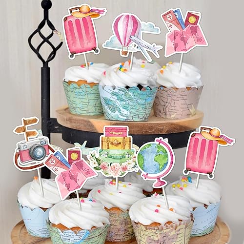 Kreatwow Travel Party Cupcake Toppers 24pcs Pink Let the Adventure Begin Cupcake Picks Travel Theme Birthday Party Supply Travel Around The World Cupcake Decorations for Bon Voyage Adventure Birthday - Nail Gallerys