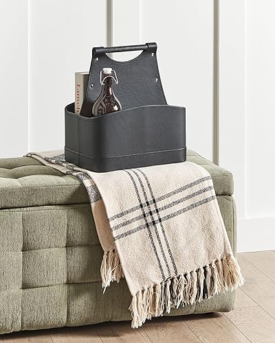 Panier de Rangement en Cuir PU avec Poignées Fait Main Porte-Revues Deux Compartiments Gris Graphite Uruk - Nail Gallerys