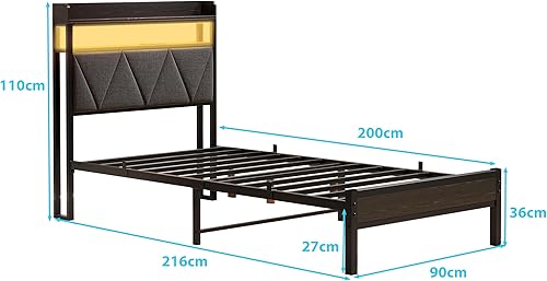 HAHRIR Cadre de lit de 90 x 200 cm avec tête de lit rembourrée en bois avec deux étagères, station de charge, lumières LED, cadre de lit en métal robuste, pas de sommier tapissier nécessaire - Nail Gallerys