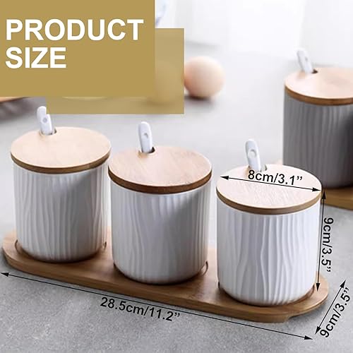 3 Pcs Ensemble de Récipients en Céramique pour Épices, 300ml Pots à Épices avec Cuillère, Couvercle de Bambou et Plateau en Bois, pour Le Sucre et Les Assaisonnements - Nail Gallerys