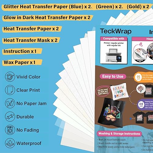 TECKWRAP Lot de 10 feuilles de papier de transfert à chaud pour imprimante à jet d'encre pour tissu foncé ou clair, A4 (blanc, vert pailleté, bleu pailleté, paillettes dorées, phosphorescentes) - Nail Gallerys