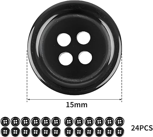 Alriedy Lot de 24 boutons en résine de 15 mm à coudre - Boutons noirs avec 4 trous - Pour chemises, vestes et manteaux - 15 mm - Boutons en résine - Noir - Pour bricolage et réparation - Nail Gallerys