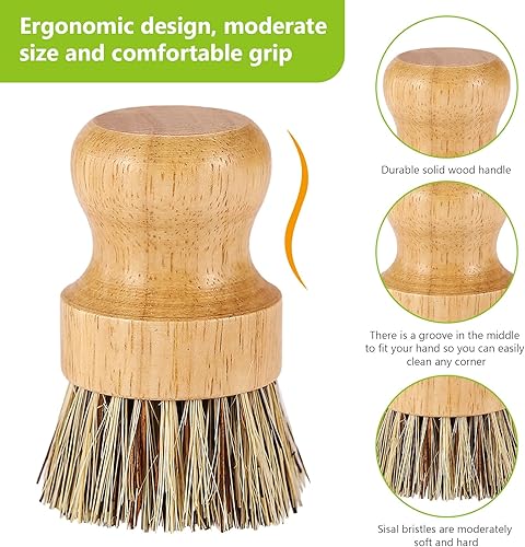 Lot de 2 brosses à vaisselle rondes en bambou naturel avec fibre Union et fibre Tampico pour nettoyer les pots, poêles et légumes (B, M) - Nail Gallerys