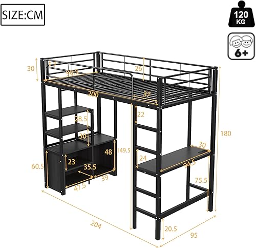 Merax Lit mezzanine, 90 x 200 cm, superposé, avec bureau, prise et USB, armoire et étagères, cadre de lit avec sommier à lattes (sans matelas), pour enfants et adultes, blanc - Nail Gallerys