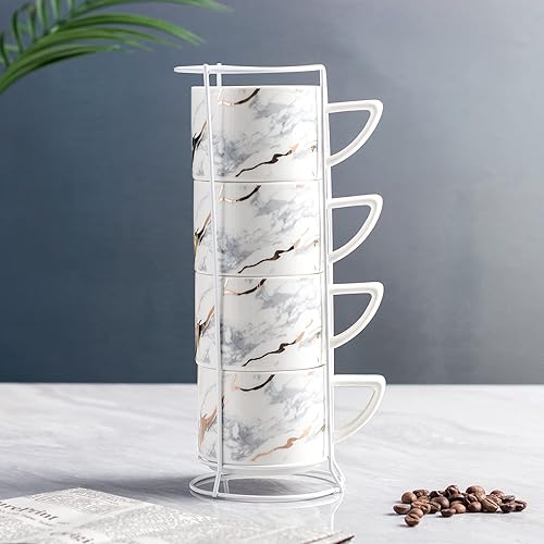 All-Pie Lot de 4 tasses à cappuccino empilables en céramique avec support de tasses - 210 ml (blanc) - Nail Gallerys