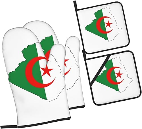 Lot de 4 gants de cuisine et grilles de cuisson avec imprimé carte du drapeau de l'Algérie - Nail Gallerys