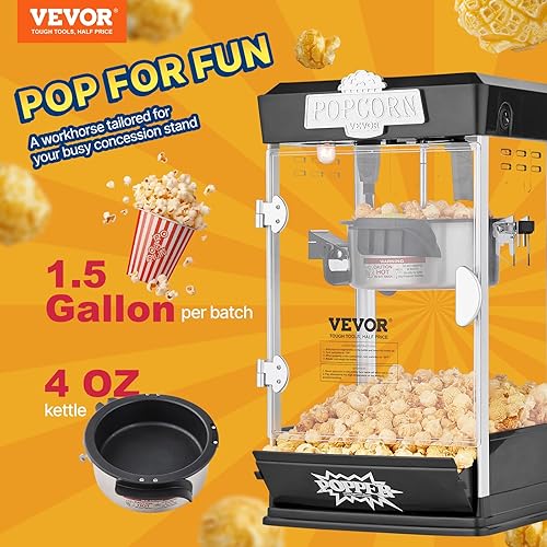 VEVOR Machine à Pop Corn 480 W, Appareil à Pop-corn de Comptoir Électrique, Grand Bol de 113 g pour 5,7 L par Lot, avec Verre Trempé, 3 Cuillères, Style Cinéma, pour Fête Magasin Soirée, Noir - Nail Gallerys