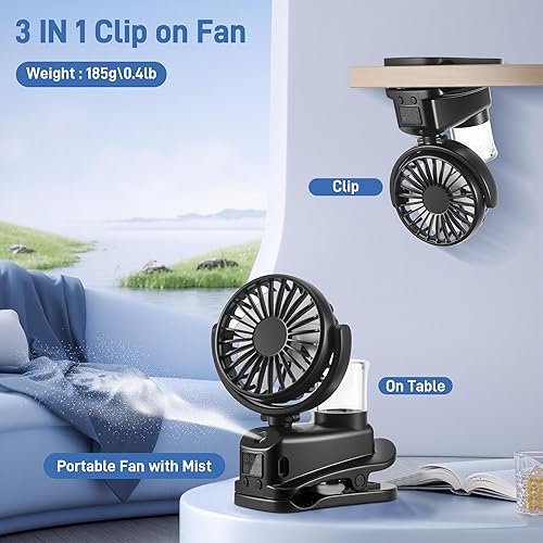 Ventilateur Brumisateur à Pince avec Écran LED, Mini Ventilateur Portable Rechargeable, Ventilateur Portable à 4 Vitesses, USB Ventilo Portable, Voyage Accessoires pour Extérieur Bureau Camping (Noir) - Nail Gallerys