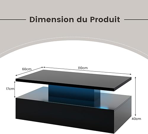 COSTWAY Table Basse Laqué Brillant, Table Basse Salon Laque 20 Lumières Réglables AVCE Télécommande, 19 Modes Dynamiques, 8 Luminosité, Rectangulaire(Noir) - Nail Gallerys