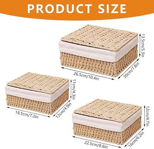 KUWUNG Lot de 3 corbeilles avec couvercle, 3 tailles, panier de rangement tressé en corde de papier, panier de rangement avec doublure pour salle de bain, maquillage, dessus de table, armoire - Nail Gallerys