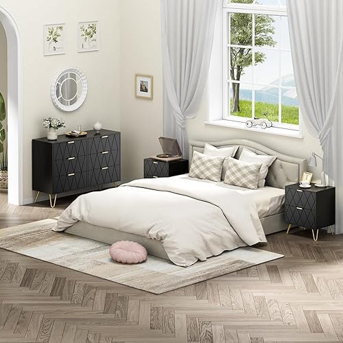 UEV Lot de 3 Meubles de Chambre, Commode à 6 Tiroirs et Lot de 2 Table à Chevet, avec Manches et Pieds en Couleur Doré, Motif Ligne, Scandinave pour Salon, Chambre (Noir) - Nail Gallerys