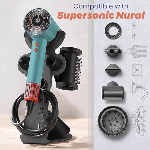 MidingChai Support Seche Cheveux Compatible avec Dyson, Porte Seche Cheveux, Support Seche Cheveux avec Rangement des Câbles, Convient pour 5 Embouts, en Alliage d'aluminium - Nail Gallerys
