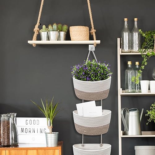 Organisateur à suspendre : organisateur mural avec panier suspendu à 3 niveaux en corde de coton, organisateur mural pour salon, salle de bain, chambre à coucher (blanc+gris) - Nail Gallerys
