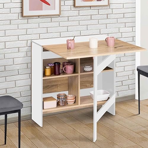 IDMarket - Table Console Pliable EDI 2-6 Personnes avec rangements Bois Blanc Plateau façon hêtre 150 x 80 cm - Nail Gallerys