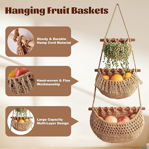 Felenny Corbeille à fruits à suspendre à 3 niveaux en jute tissée pour produits et légumes à suspendre sur la porte de la cuisine ou de la chambre à coucher - Nail Gallerys