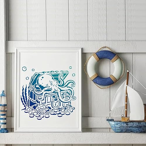 MAYJOYDIY Lot de 6 pochoirs à tentacules d'école de poissons de l'océan, 30 × 30 cm, grands pochoirs de peinture sur le thème de la mer d'été avec pinceau, créatures marines, pieuvre, pour bois, - Nail Gallerys