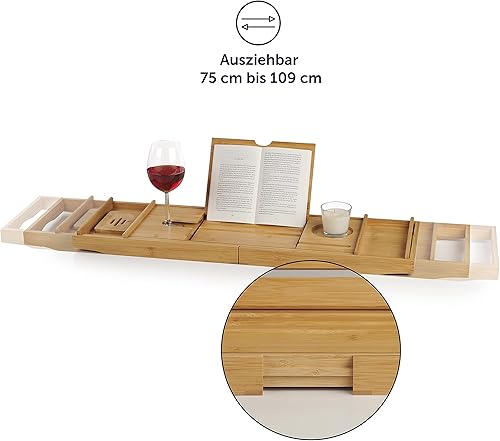 Blumtal Tablette de Baignoire - Planche de Baignoire Extensible en Bois (Bambu) avec Porte-Savon et Surfaces de Rangement Confortables, Tablette de Baignoire antidérapante - Nail Gallerys