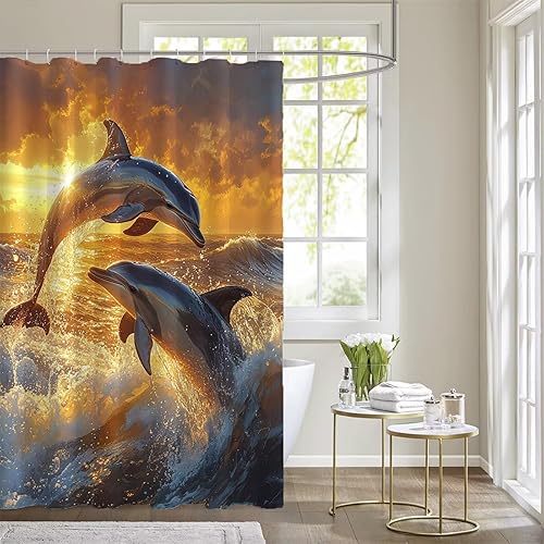 Rideau Douche 120x200 cm Extra Long Rideau de Douche Dauphin Anti Moisissure Imperméable Tissu Polyester Facile À Nettoyer Shower Curtain avec 12 Crochets, Decoration Maison, Coucher de Soleil R-160 - Nail Gallerys