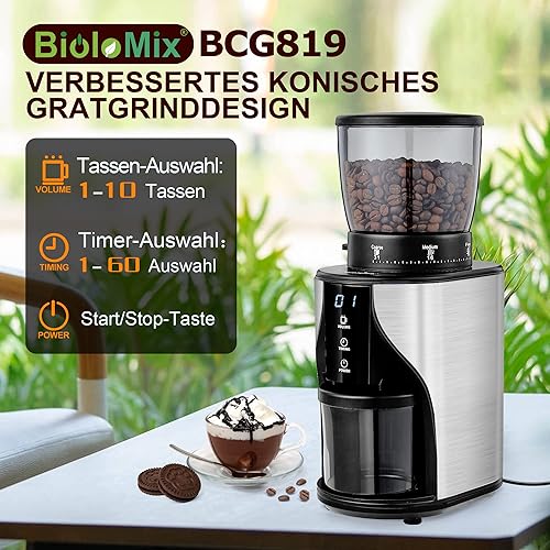 Biolomix Moulin à café électrique électrique avec 31 réglages de broyage, broyeur conique, pour 1 à 10 portions d'expresso, goutte à goutte, presse française et brosse de nettoyage pour café filtre - Nail Gallerys