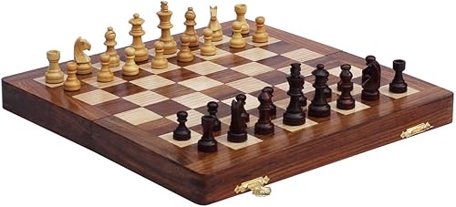 Jeu d'échecs ultime 17,78 x 17,78 cm – Jeu d'échecs classique de voyage en bois avec figurines magnétiques Staunton et plateau pliable - fait à la main par des artisans en fin bois de rose avec une finition en noyer - Nail Gallerys