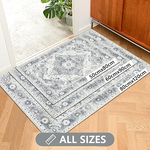 Capslpad Paillasson d'intérieur antidérapant et lavable en machine, motif médaillon vintage doux, pour entrée, porte d'entrée, porte arrière, chaussures et pattes mouillées, gris, 80 x 120 cm - Nail Gallerys