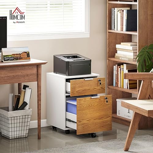 HOMCOM Caisson de Bureau, Meuble de Rangement 2 tiroirs 2 Barres de Suspension Dossier Suspendu, verrouillable 2 clés, 4 roulettes 42x40x60 cm Effet Bois Blanc et Naturel - Nail Gallerys