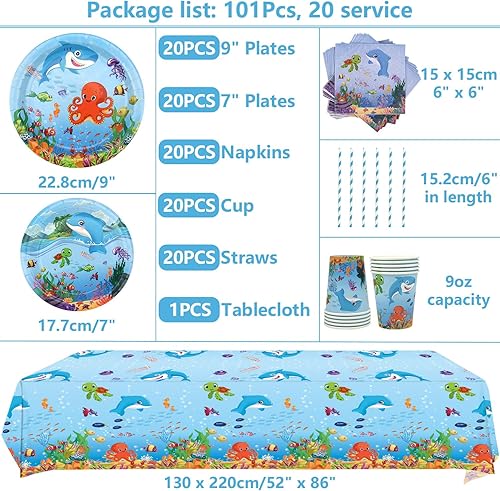 LSJDEER Fournitures de fête sur le thème de la mer - Assiettes à dîner et à dessert Tasses Serviettes de table Pailles pour les décorations de fête d'anniversaire du monde sous-marin, Servir 20 - Nail Gallerys