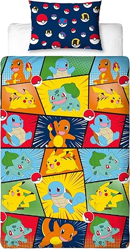 Parure de lit simple Pokémon sous licence officielle pour enfants | Pikachu Bulbasaur Charmander Squirtle Parure de lit réversible double face avec taie d'oreiller assortie | Parure de lit simple pour - Nail Gallerys