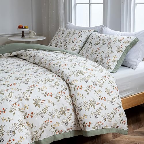 OSVINO Parure de lit 3 pièces 100 % microfibre respirante, élégante, motif floral, ultra douce, avec housse de couette et taie d'oreiller pour lit double, vert - Nail Gallerys