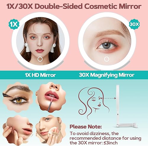 B Beauty Planet Miroir grossissant avec lumière, Miroir grossissant Double Face 30X/1X, Miroir de Maquillage de Voyage avec 3 lumières de Couleur, Miroir de Maquillage Pliable avec Pince à épiler - Nail Gallerys
