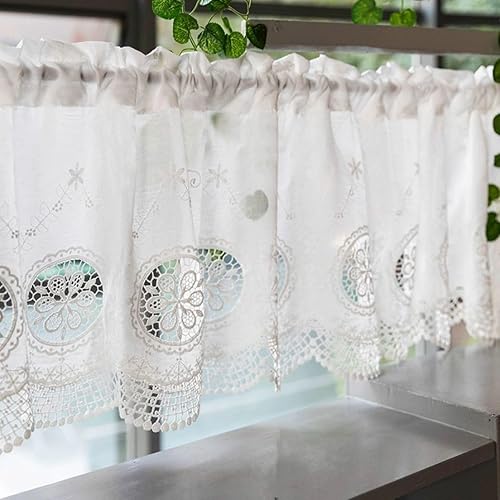 Vordesack Rideau brise-bise avec broderie fleurs et bord en dentelle - Style maison de campagne - Avec passe-tringle - 1 pièce - Blanc - H x l : 60 x 120 cm - Nail Gallerys