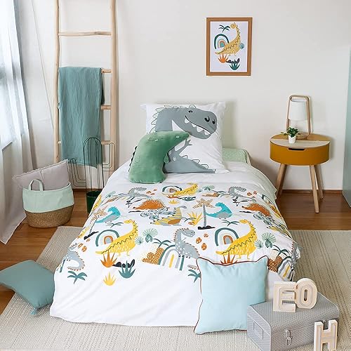 CÔTE Deco Parure de lit Enfant Réversible Dinosaures jurassik Vert Housse de Couette 140x200cm + 1 taie d'oreiller 63x63cm 100% Coton - Nail Gallerys