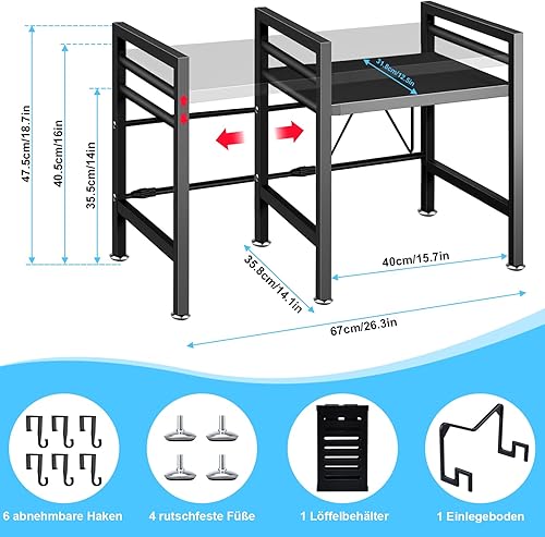 Swetfela Extensible Etagere Micro Onde 40-67cm,2 Niveaux Etagere Micro Ondes avec Seau Cuillère,étagère Micro Onde avec 6 Crochets et Un Support pour Planche à DéCouper,pour Cuisine et Rangemen,Noir - Nail Gallerys