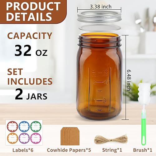 HAYHOI Mason Jar Lot de 2 bocaux en verre ambré à large ouverture avec couvercles hermétiques, 946 ml avec bandes étiquettes, pinceau, grande capacité de stockage pour fermentation de confiture - Nail Gallerys